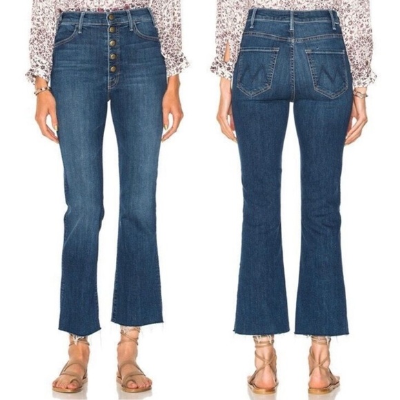 MOTHER Denim - MOTHER- High Rise Hustler Snap Down Ankle Fray Dark Wash in Medium Kitty Size 28